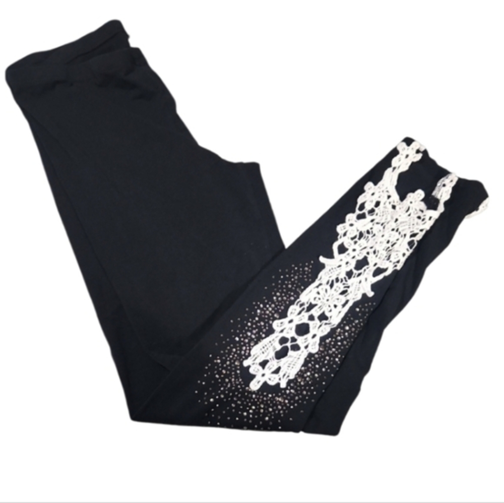 Venus M Black Leggings with White Lace Detail Silver Studs Rhinestones